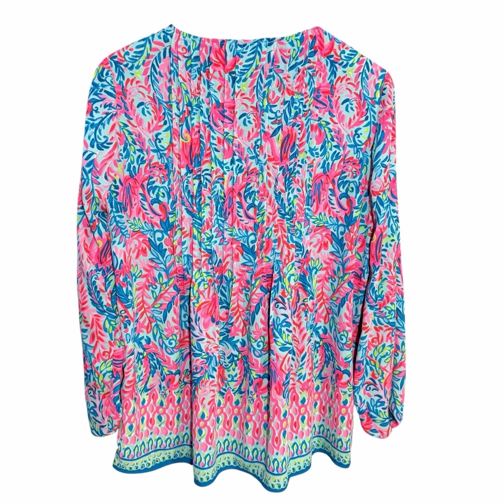 Lilly Pulitzer Turquoise Pink Floral Tassel Peasant Blouse - Picture 3 of 8